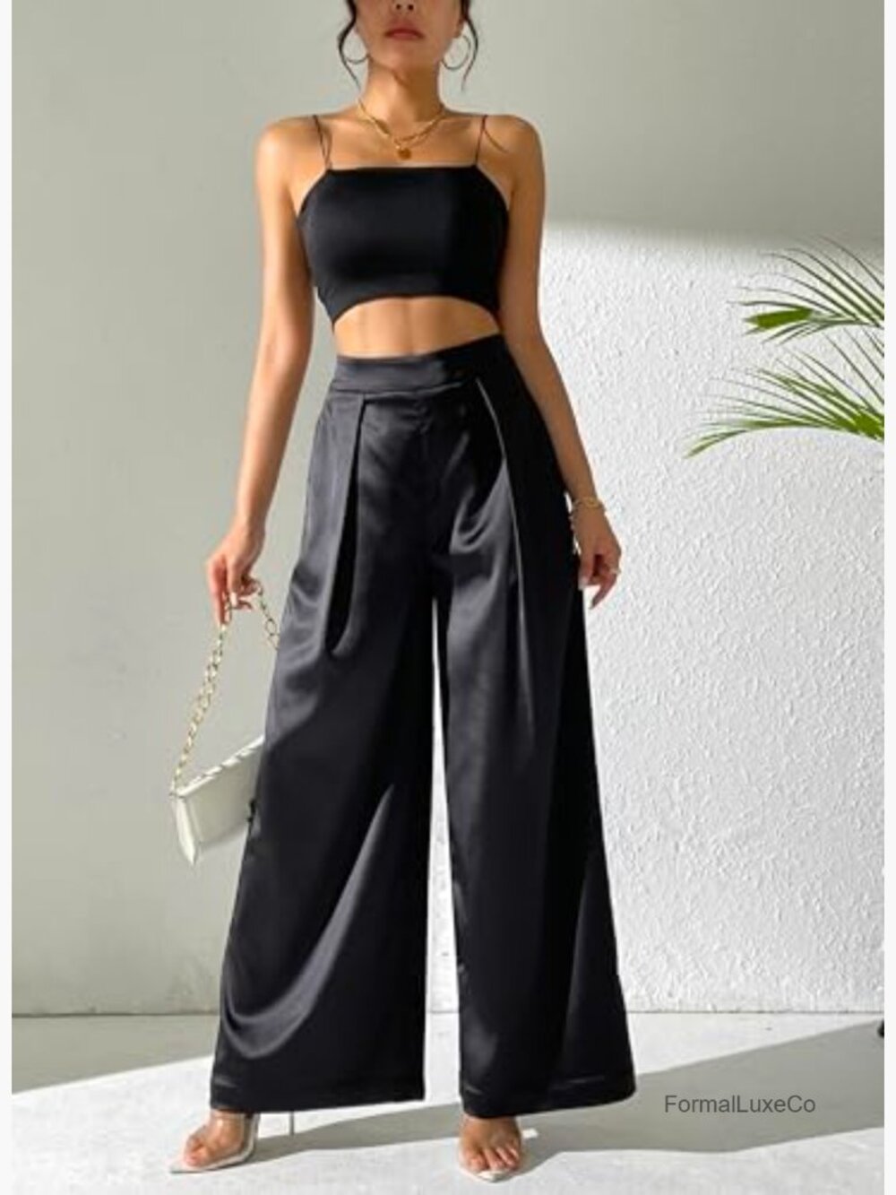 Satin Wide Leg Palazzo Pants High Waist Pull On Trousers - Picture 5 of 7